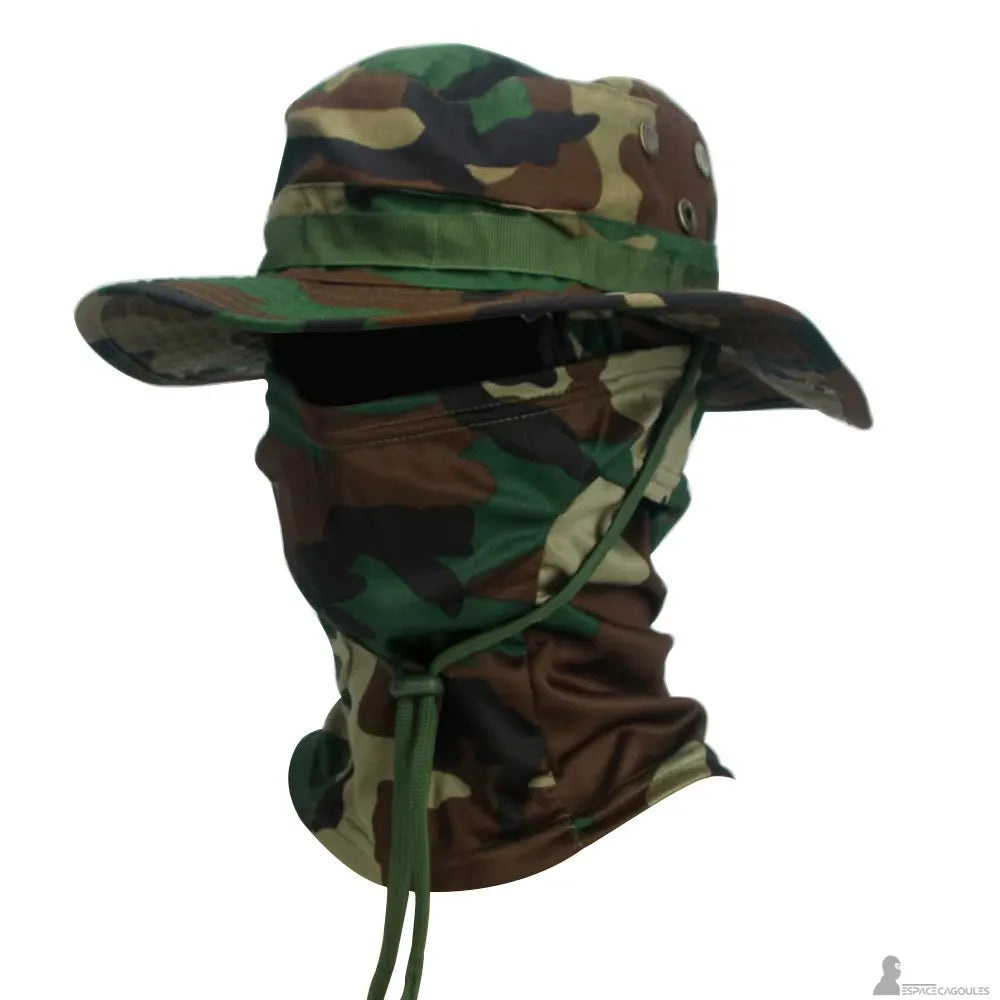 Camouflage forest green and brown balaclava hat in profile view with wide brim and matching neck gaiter - Espace Cagoules
