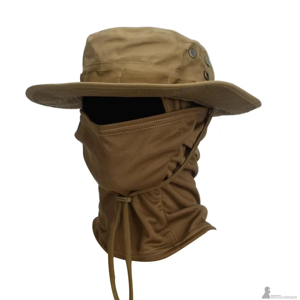 Solid brown balaclava hat in profile view with a wide soft brim and integrated face protection - Cagoules Space