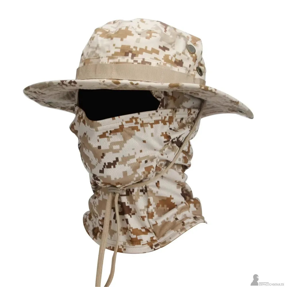 Beige and brown digital desert camouflage balaclava hat in profile view with a wide brim and matching neck gaiter - Cagoules Space