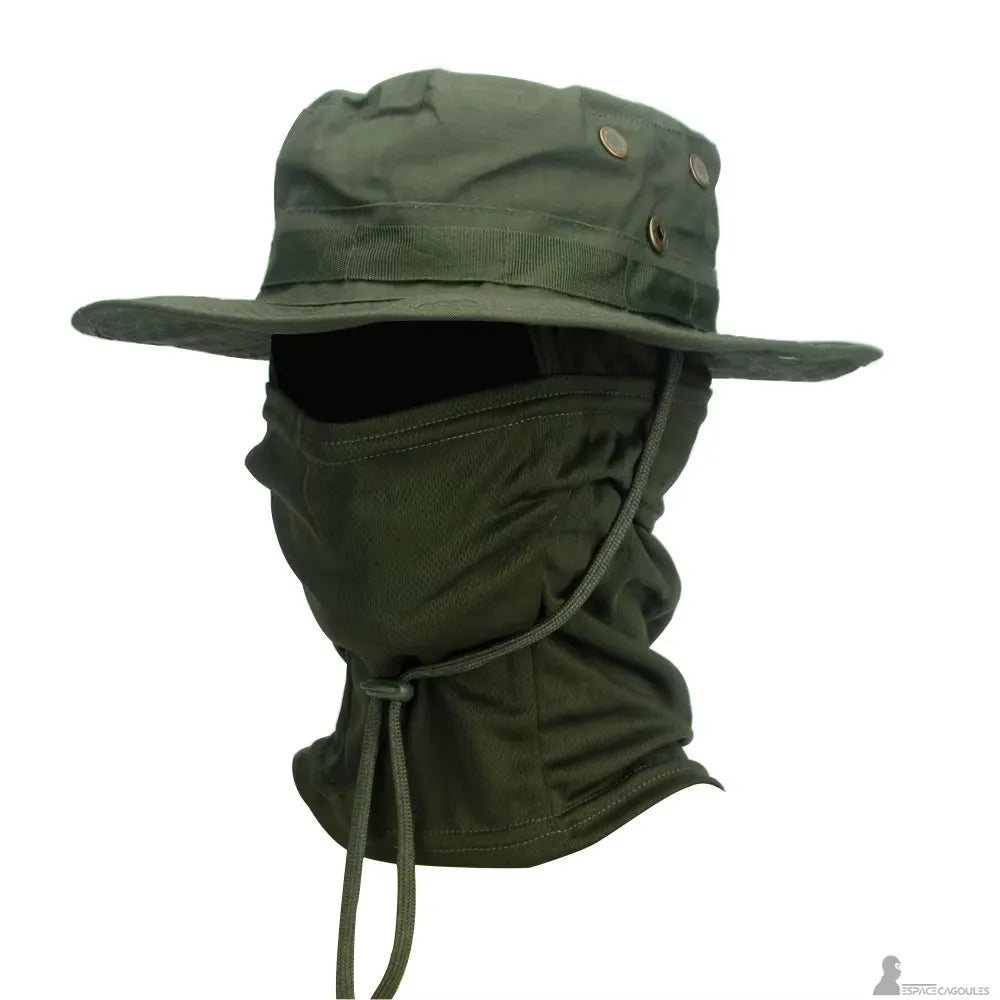 Solid green balaclava hat in profile view with a wide circular brim and adjustable neck cover on a white background - Espace Cagoules