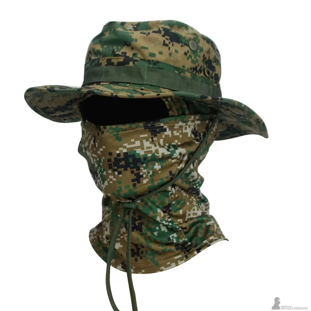 Green and brown digital camouflage balaclava hat in profile view with a wide brim and visible drawstring - Cagoules Space