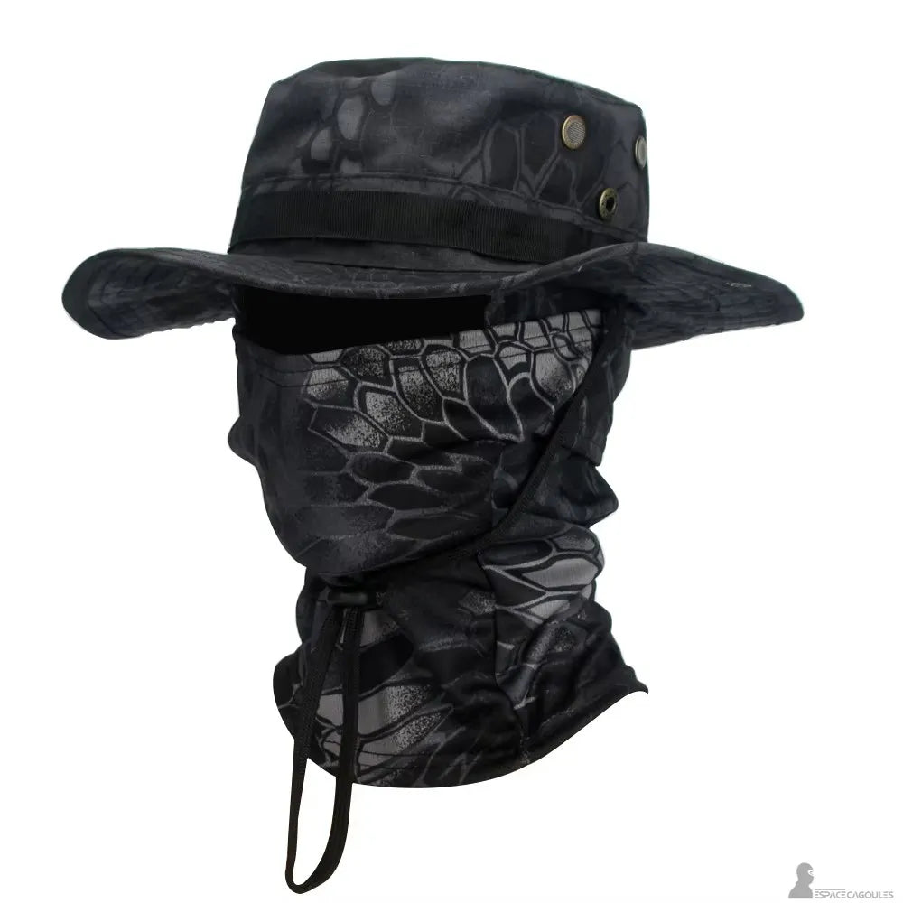 Black and gray python pattern balaclava hat in profile view with a wide brim and black drawstring - Espace Cagoules