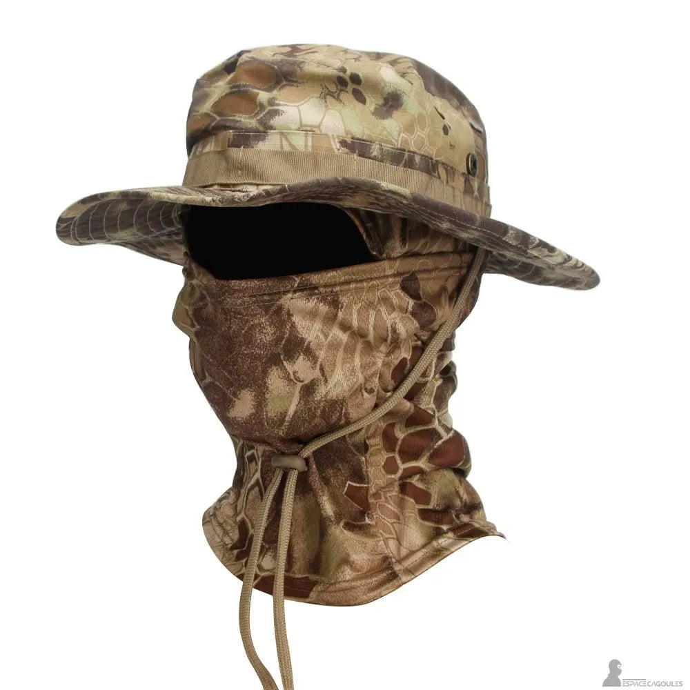 Sand and brown python pattern balaclava hat in profile view with wide brim and full face protection - Cagoules Space
