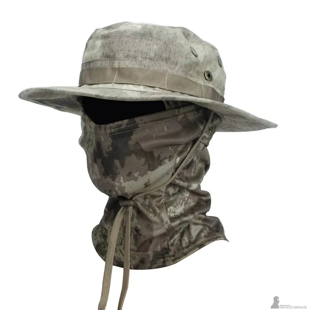 Gray and sand camouflage balaclava hat in profile view with a wide soft brim and full face protection - Cagoules Space