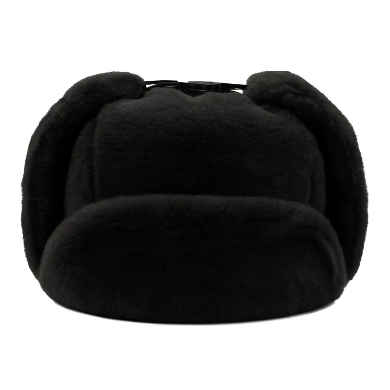 Black chapka hood with raised fur ears, front view in studio to show shape and volume - Cagoules Space