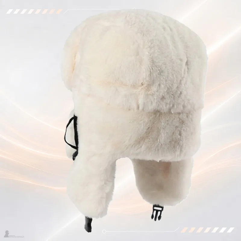 Vue de dos de la cagoule chapka blanche en fourrure montrant les cache-oreilles et les attaches rapides - Espace Cagoules