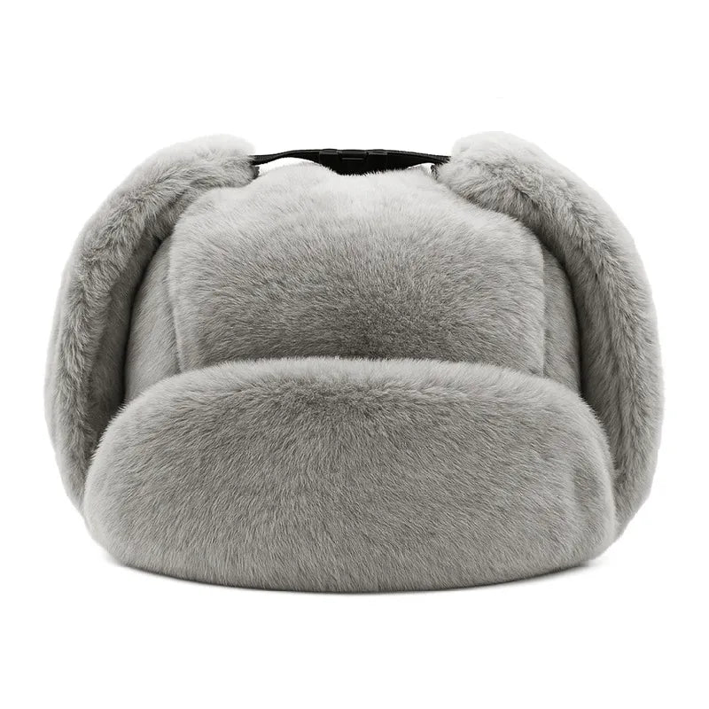 Gray chapka hood with raised ears viewed from the front in the studio, thickened fur and protective shape - Cagoules Space