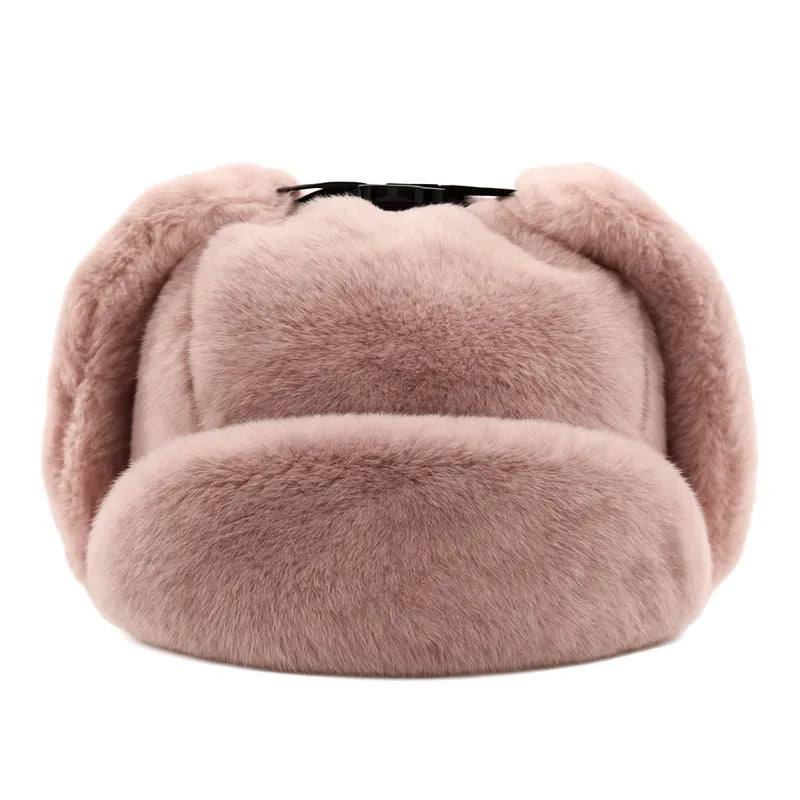 Pink chapka hood with raised ears made of synthetic fur, front view in studio, soft texture and accentuated volume - Espace Cagoules.