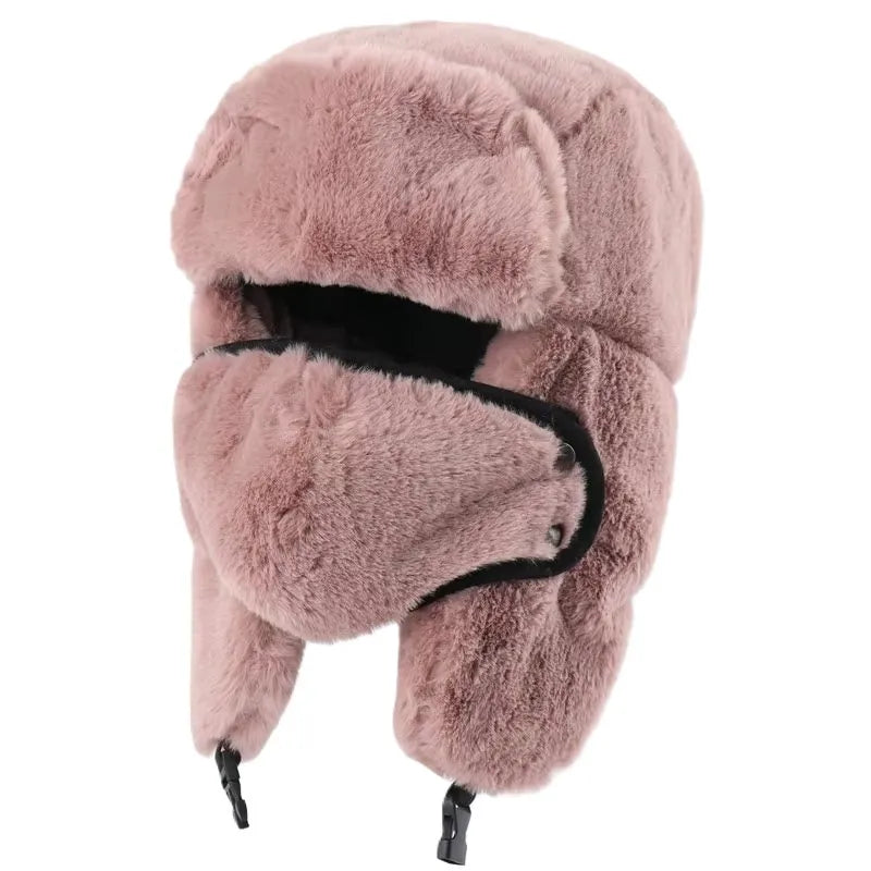 Pink fur-lined balaclava with matching face cover, front view in studio, fluffy and enveloping texture - Cagoules Space