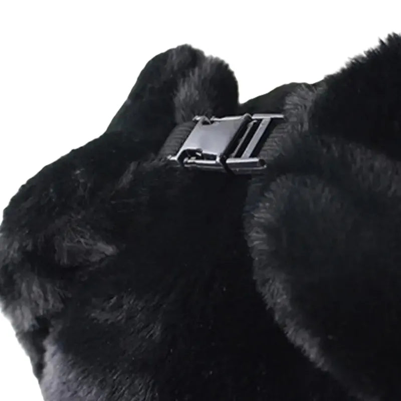 Hood chapka detail of the black tightening strap on synthetic fur, close-up in studio - Space Hoods
