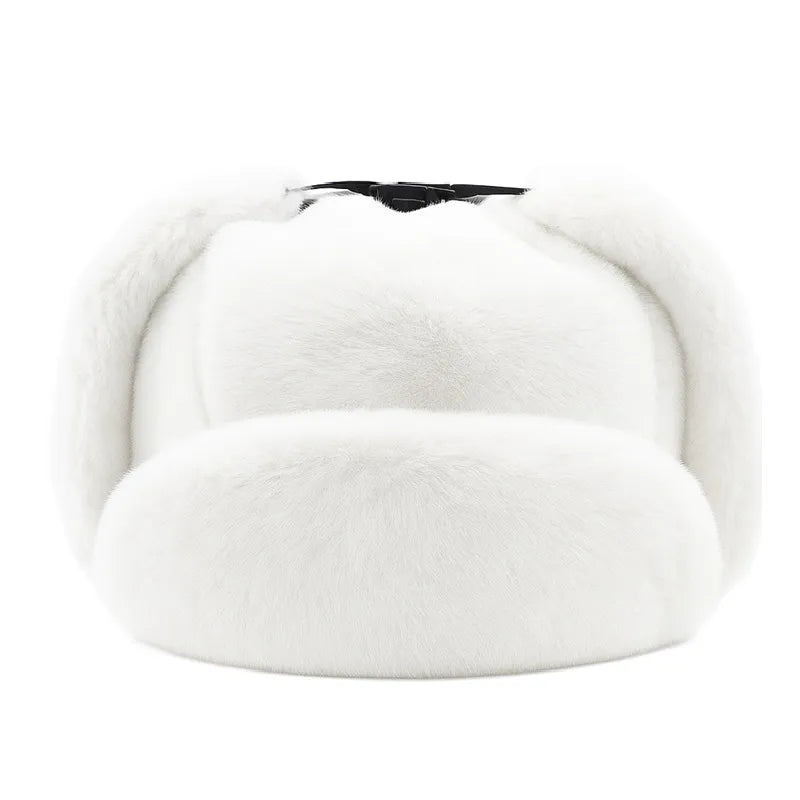 White chapka hood with raised ears, soft synthetic fur and voluminous appearance, front studio view - Cagoules Space
