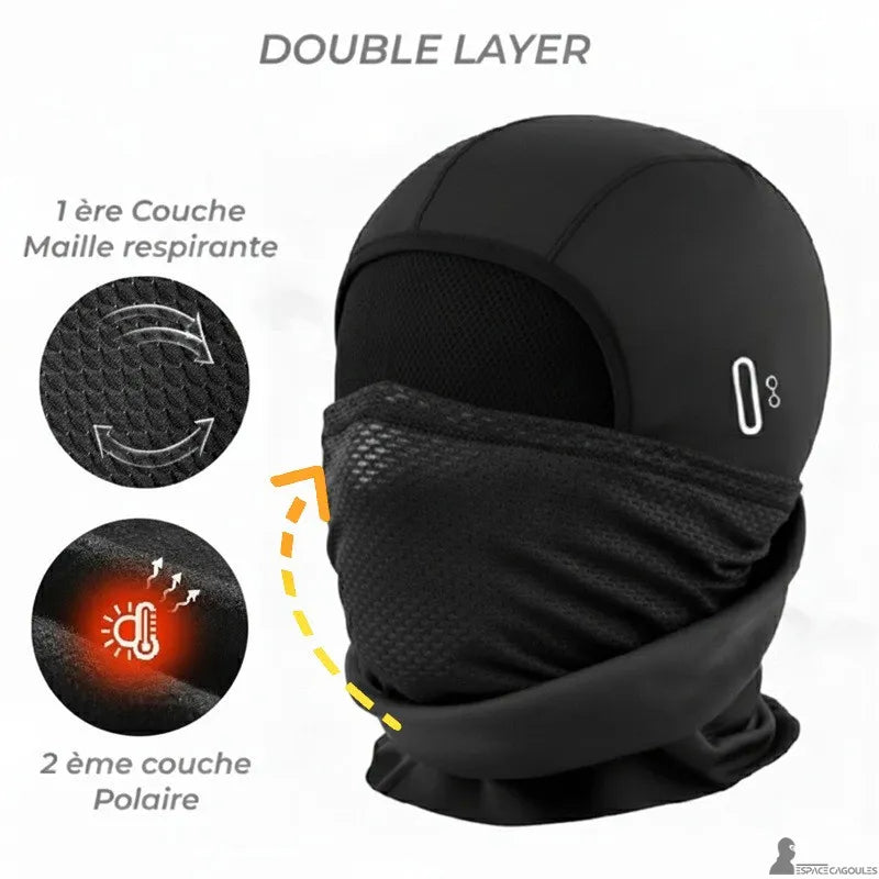 Cagoule chaude moto gros plan sur la double couche polaire rabattable et la maille respirante - Espace Cagoules