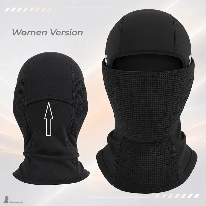 Warm motorcycle balaclava for women, front and back view on a neutral background - Espace Cagoules.
