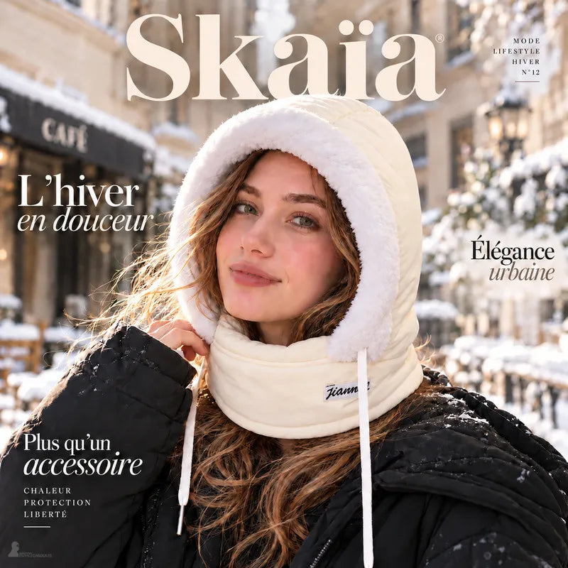 Skaïa-Magazincover mit warmer Damen-Sturmhaube, getragen in einer verschneiten Stadt - Espace Cagoules