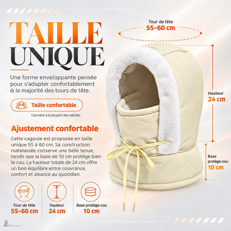 Dimensions de la cagoule chaude Skaïa taille unique 55 à 60 cm, hauteur 24 cm et protège-cou 10 cm - Espace Cagoules