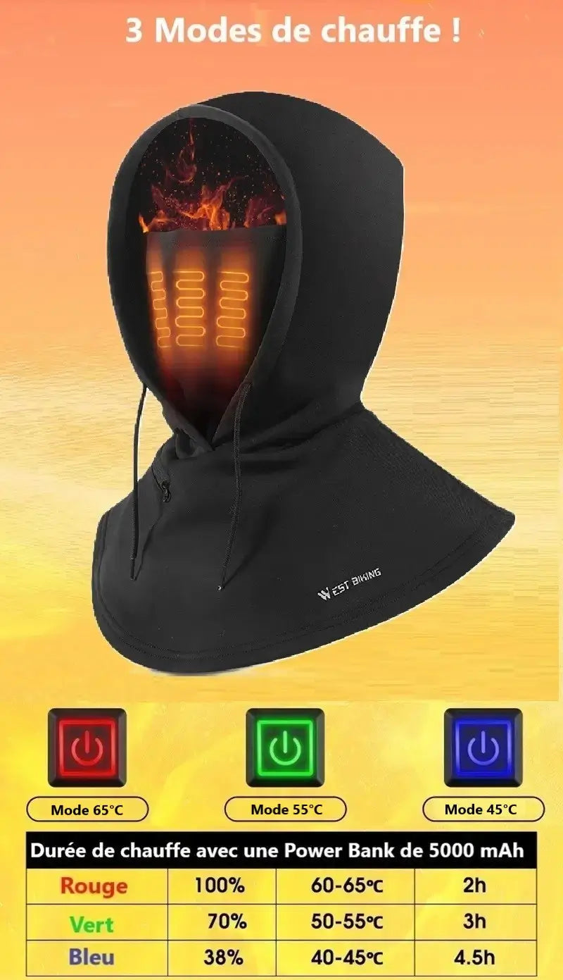 Cagoule chauffante noire avec trois modes de chauffage : rouge (60-65°C), vert (50-55°C) et bleu (40-45°C), illustrée avec une durée de chauffe respective de 2h, 3h et 4,5h lorsqu'alimentée par une power bank de 5000 mAh. L'image met en avant un design moderne, un système de chauffe intégré visible en orange, et des commandes lumineuses pour ajuster la température selon les besoins hivernaux.