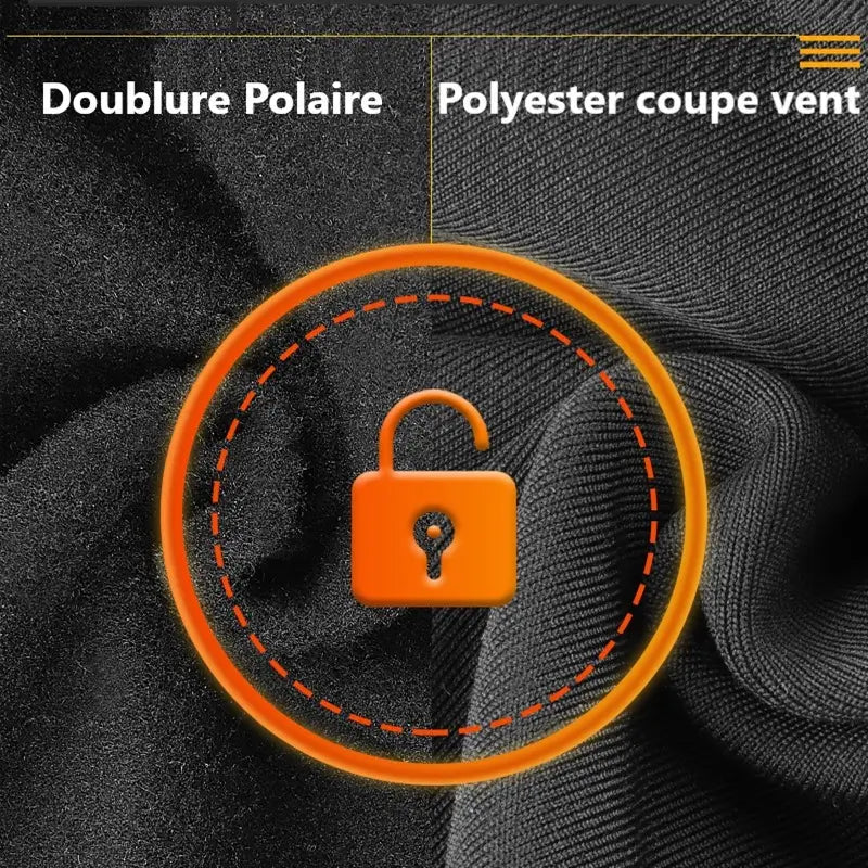 Gros plan sur les matériaux de la cagoule chauffante, montrant une doublure en polaire douce pour le confort thermique et une couche extérieure en polyester coupe-vent pour une protection efficace contre les intempéries. Illustration d'un cadenas ouvert symbolisant la chaleur et la protection offertes.