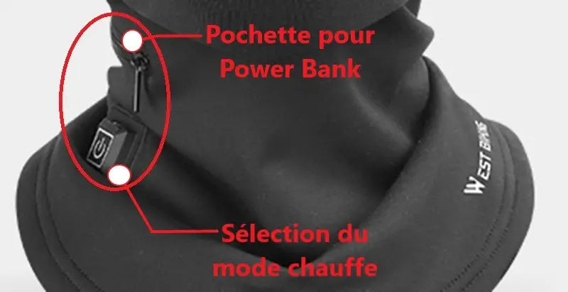 Cagoule chauffante noire avec une pochette intégrée pour power bank et un bouton de sélection du mode de chauffe. L'image met en avant les fonctionnalités pratiques de rangement et de contrôle de la température, adaptées aux besoins des utilisateurs en environnements froids.