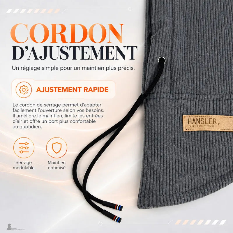 Détail du cordon de serrage noir et de l'ouverture ajustable de la cagoule en velours côtelé gris - Espace Cagoules