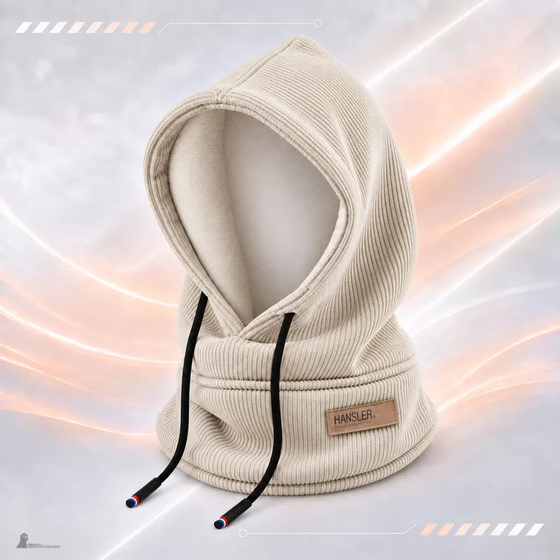 Cagoule à capuche en velours côtelé beige avec doublure polaire visible, présentée sur buste - Espace Cagoules