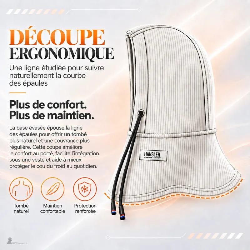 Cagoule vue de profil montrant la base évasée qui épouse la ligne des épaules pour un tombé naturel - Espace Cagoules