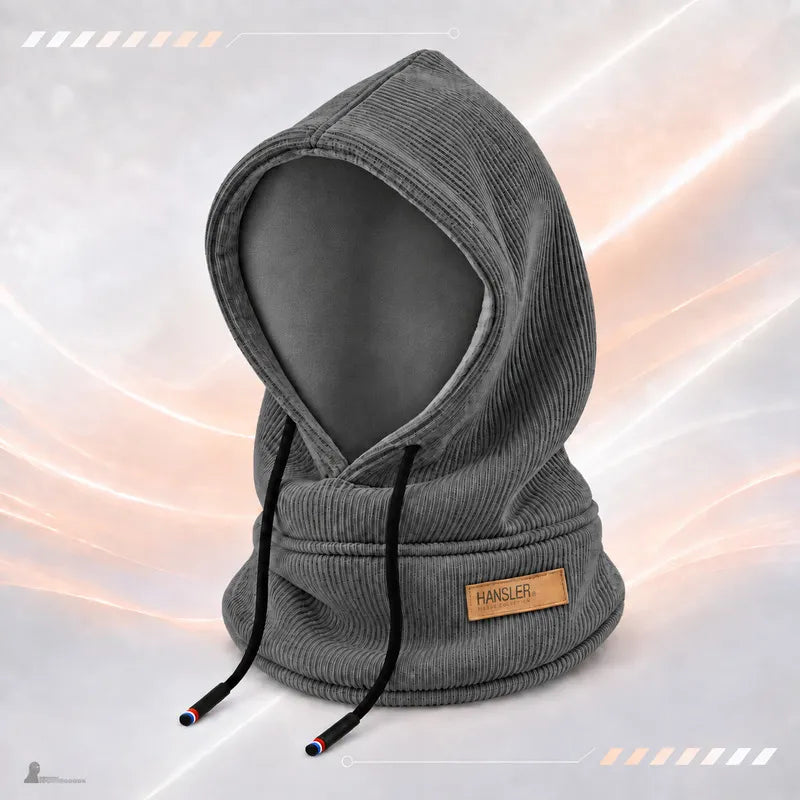 Cagoule à capuche en velours côtelé gris foncé avec tour de cou et cordon de serrage, présentée sur buste - Espace Cagoules