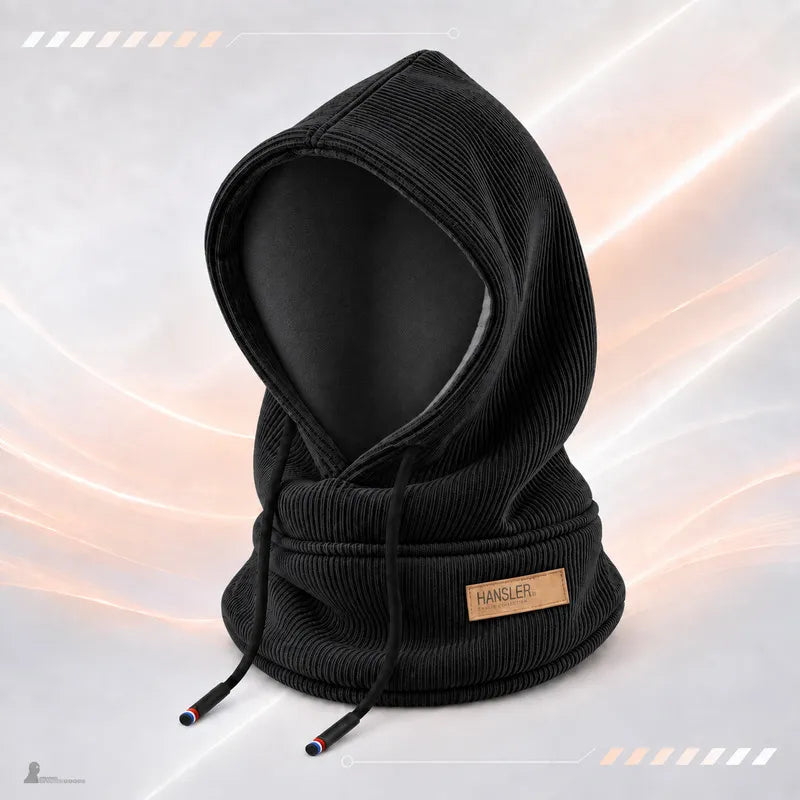 Cagoule à capuche en velours côtelé noir doublée polaire, tour de cou intégré et cordon de serrage, présentée sur buste - Espace Cagoules