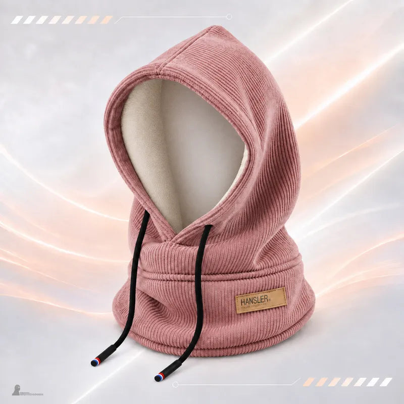 Cagoule à capuche en velours côtelé rose poudré et tour de cou intégré, présentée sur buste - Espace Cagoules