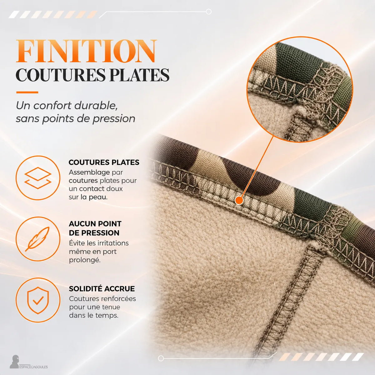 Cagoule de Chasse Polaire en polaire avec coutures plates, assemblage intérieur soigné limitant les points de pression, vue macro matière – Espace Cagoules