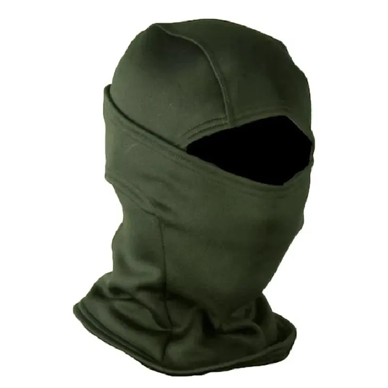 Jagdmütze aus grünem Fleece, Ganzform, die Kopf und Hals bedeckt, mit Gesichtsauschnitt, Profilansicht auf neutralem Hintergrund – Bereich Mützen