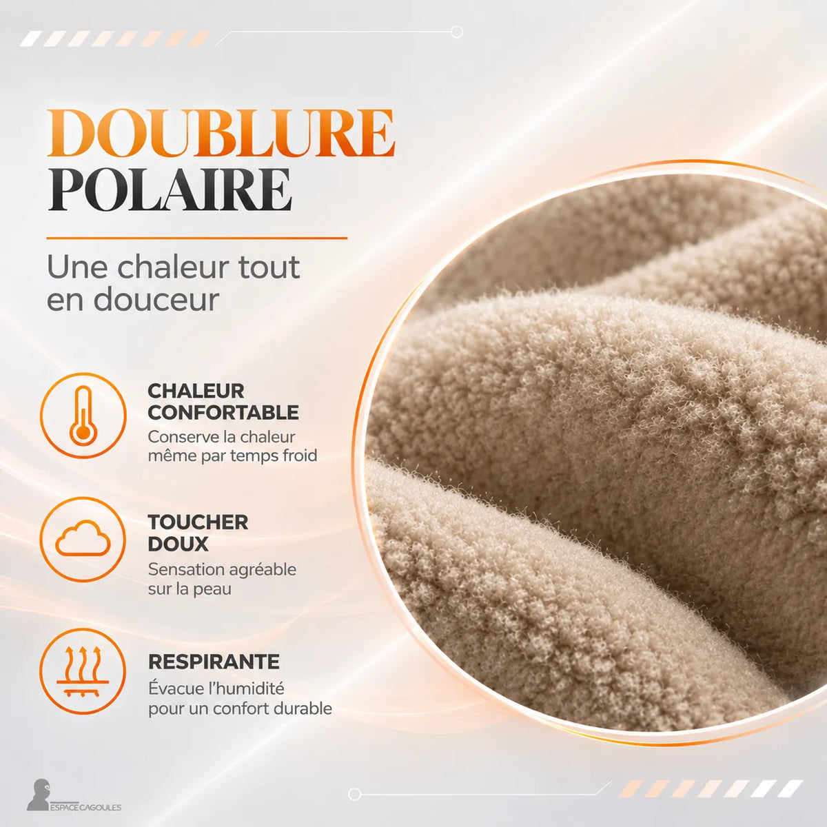 Cagoule de Chasse Polaire en polaire chaude et douce, texture épaisse assurant isolation thermique, vue macro de la matière – Espace Cagoules