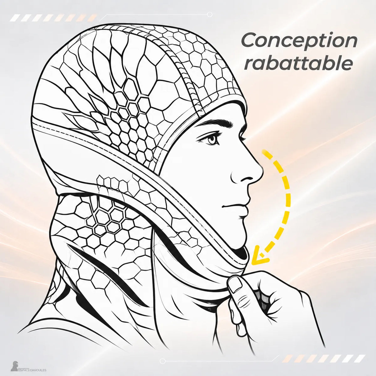 Cagoule de Chasse Polaire avec conception rabattable permettant d’abaisser la partie faciale sans découvrir la tête, vue illustrée du fonctionnement – Espace Cagoules