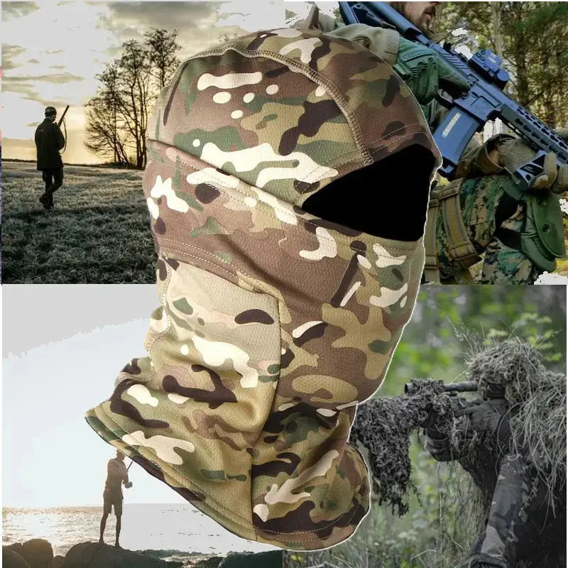 Cagoule de chasse polaire camouflage portée par un chasseur dans un paysage boisé au lever du soleil. Protection thermique et discrétion optimale pour les activités outdoor comme la chasse.