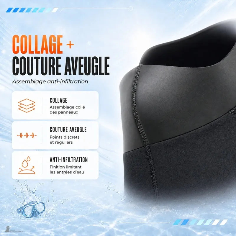 Assemblage collé et couture aveugle anti-infiltration de la cagoule plongée femme néoprène - Espace Cagoules