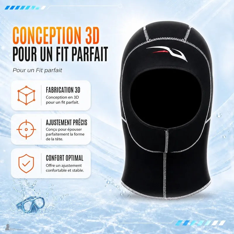 Conception 3D de la cagoule plongée femme épousant le contour du visage pour un ajustement stable - Espace Cagoules