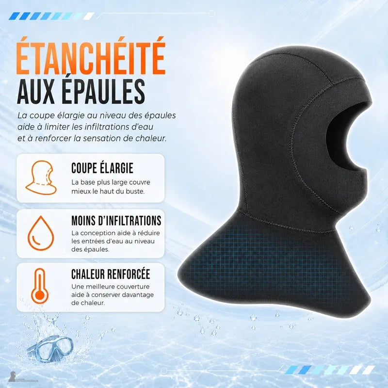 Coupe élargie aux épaules de la cagoule plongée femme limitant les infiltrations d'eau sur le buste - Espace Cagoules