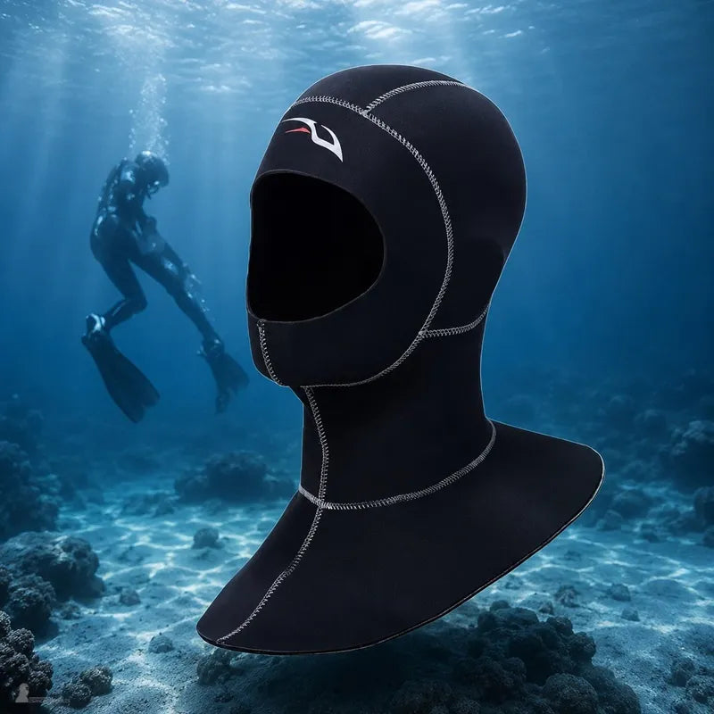 Cagoule plongée femme néoprène noire à bavette longue avec plongeuse en immersion en arrière-plan - Espace Cagoules