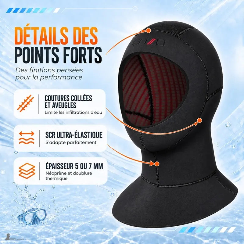 Points forts de la cagoule de plongée AquaHood : coutures collées, néoprène SCR élastique, épaisseur 5 ou 7 mm - Espace Cagoules
