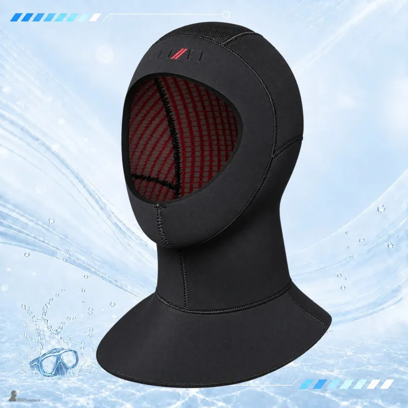 Cagoule de plongée 7mm à bavette AquaHood en néoprène noir, vue de face avec découpe visage - Espace Cagoules