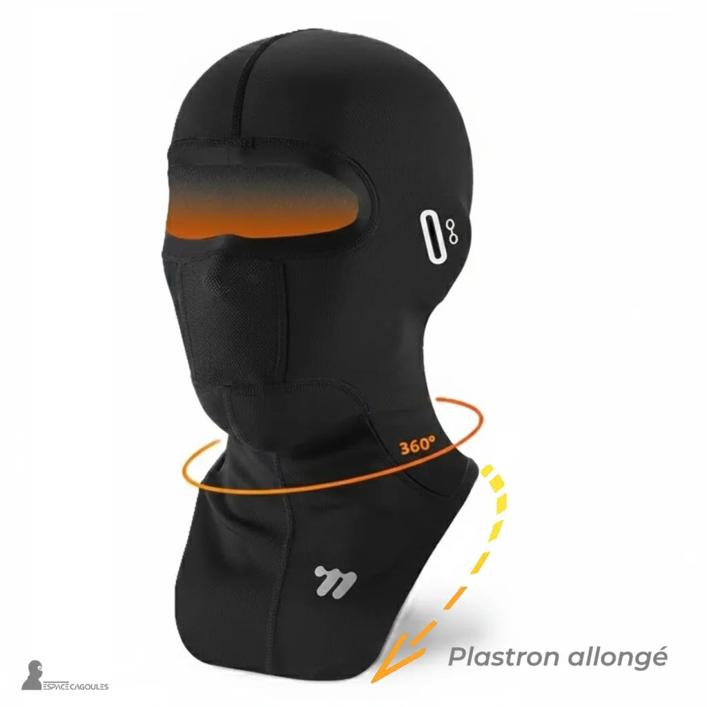 Cagoule de ski à plastron en matière extensible et respirante, forme intégrale avec plastron couvrant, vue de profil sur fond blanc avec indication de protection 360° - Espace Cagoules