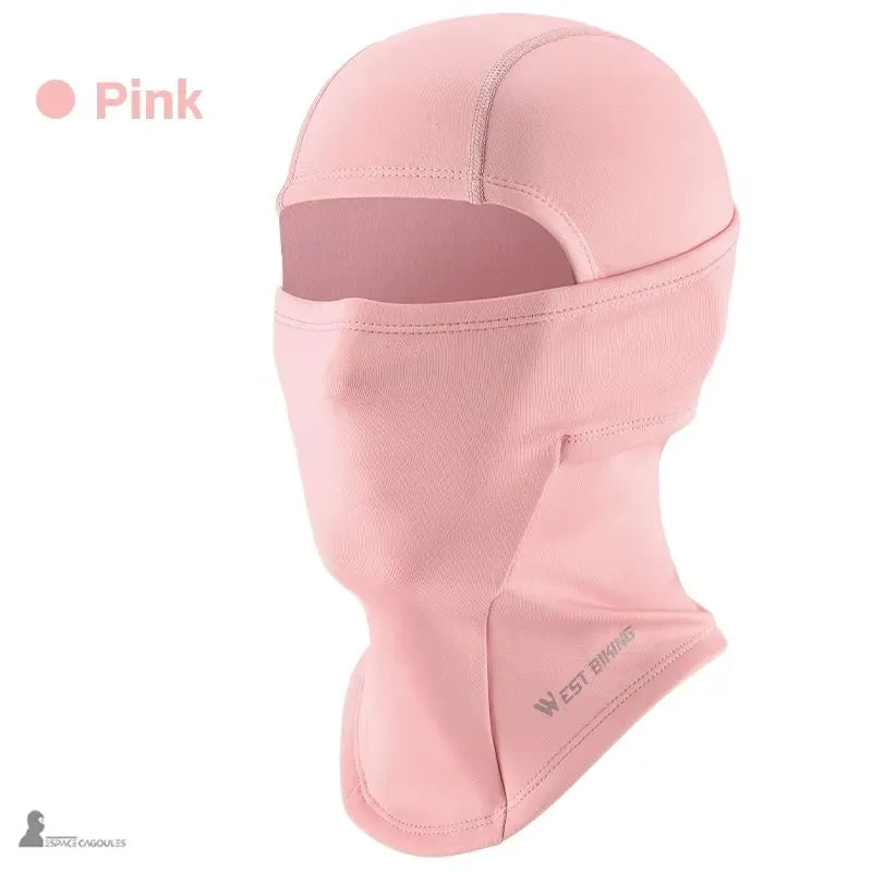 Cagoule de ski enfant SnowKid rose présentée sur mannequin sans visage vue de profil avec ouverture pour les yeux et protection couvrant le cou – Espace Cagoules