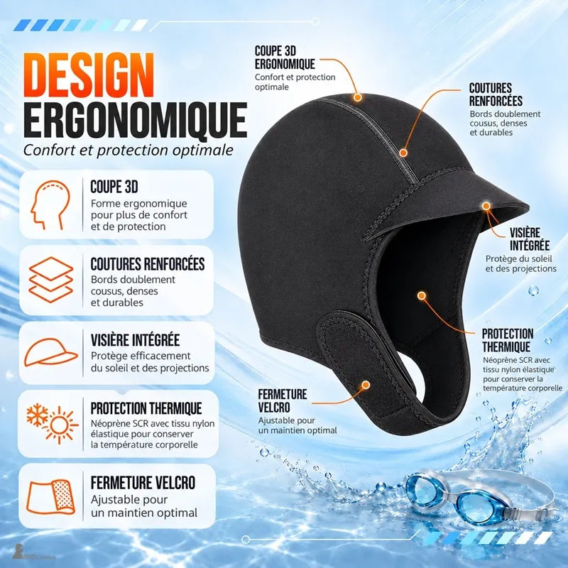 Cagoule de surf noire CapSurf vue de profil avec repères sur la coupe 3D, la visière et le velcro - Espace Cagoules