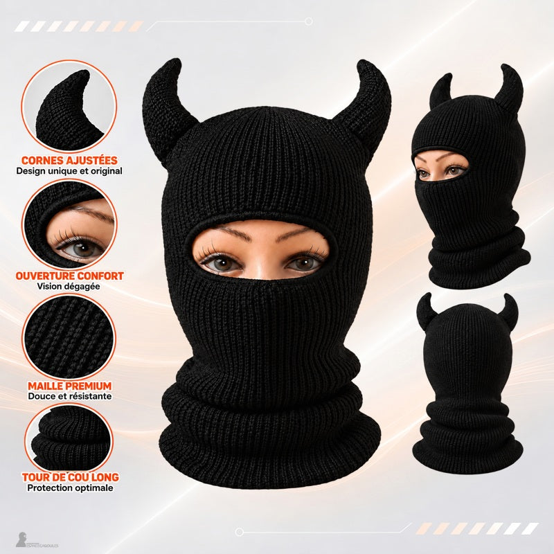Détails de la cagoule diable noire : cornes, ouverture des yeux, maille et tour de cou long, vues de profil et de dos - Espace Cagoules