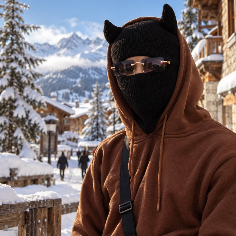 Cagoule diable noire portée sous la capuche d'un sweat marron avec lunettes de soleil, dans une station de montagne enneigée - Espace Cagoules