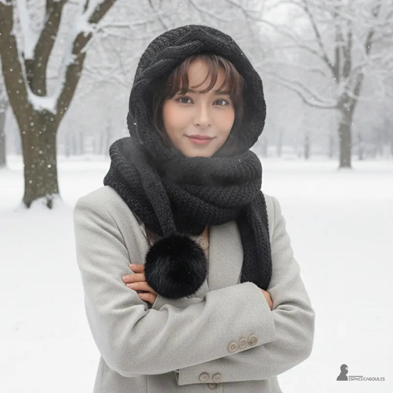 Cagoule écharpe noire femme en laine tricotée avec pompons, portée dans un parc enneigé, tenue d’hiver élégante et chaleureuse – Espace Cagoules