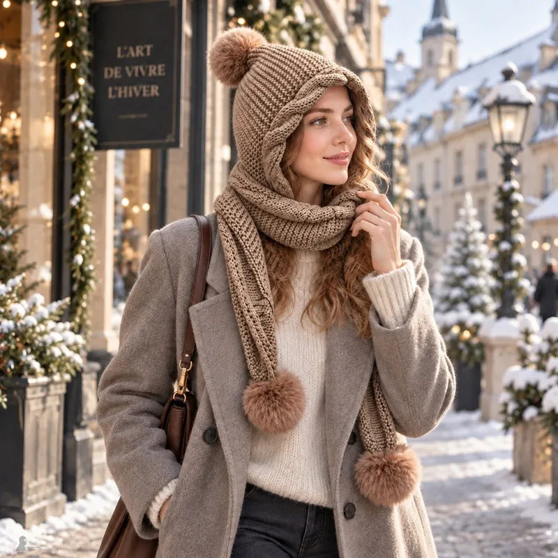 Cagoule écharpe camel à pompons portée en écharpe par une femme en manteau gris dans une rue enneigée décorée pour Noël - Espace Cagoules