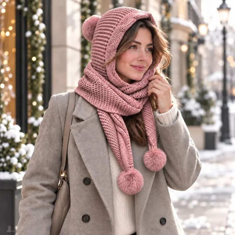 Cagoule écharpe rose poudré à pompons portée en capuche et écharpe nouée par une femme en manteau clair dans une rue enneigée - Espace Cagoules