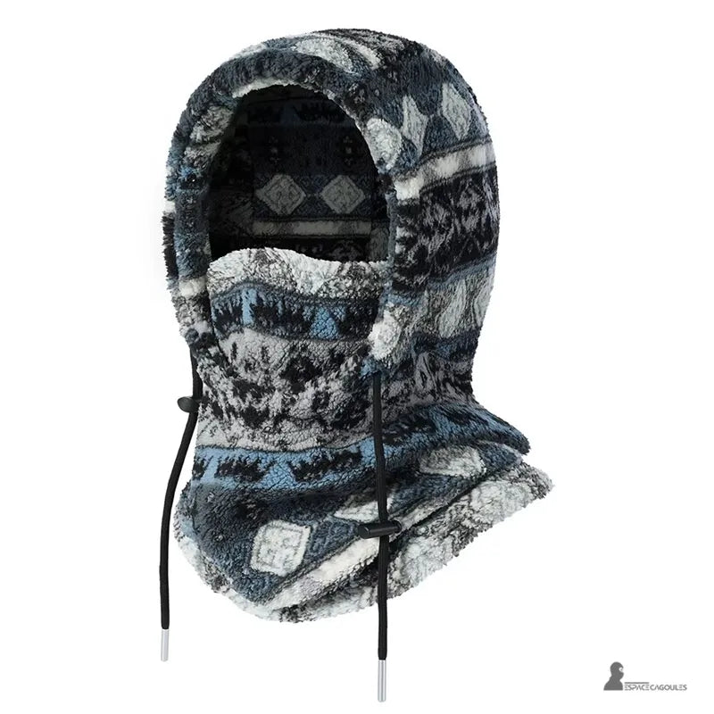 Cagoule en polaire Polarhead en polaire épaisse à motifs bleu et gris, vue de trois quarts sur fond blanc – Espace Cagoules