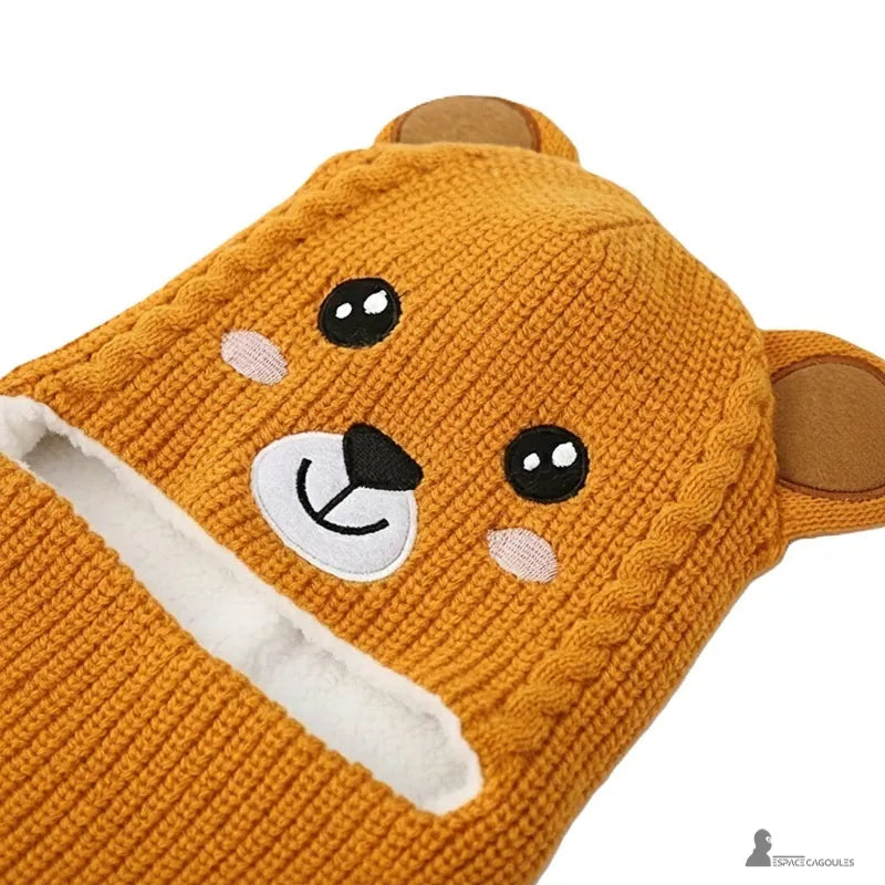 Passamontagna per bambini da 5 anni con passamontagna mustarda orso in piatto fotografiato a maglia con fodera morbida, ideale per le attività invernali – Espace Cagoules