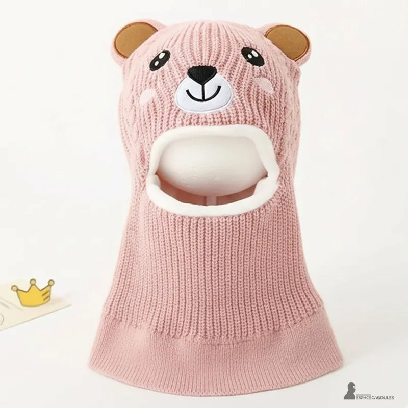Balaclava child 5 years old pale pink bear balaclava knitted with detailed embroidery and embossed ears photographed in the studio – Espace Cagoules